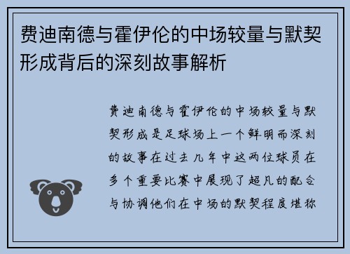 费迪南德与霍伊伦的中场较量与默契形成背后的深刻故事解析