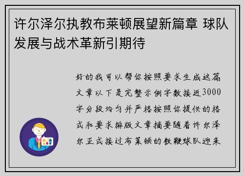 许尔泽尔执教布莱顿展望新篇章 球队发展与战术革新引期待 许尔泽尔执教布莱顿展望新篇章 球队发展与战术革新引期待