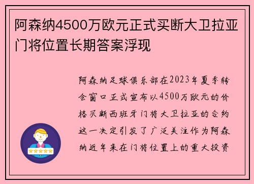 阿森纳4500万欧元正式买断大卫拉亚门将位置长期答案浮现